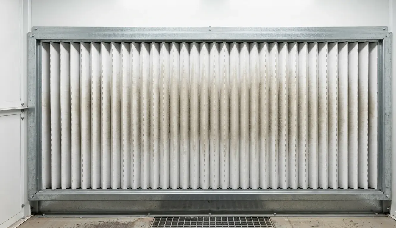 Filtro overspray cabina verniciatura in cartone pieghettato installato sulla parete aspirante con pieghe uniformi e deposito di particelle di vernice sulla superficie