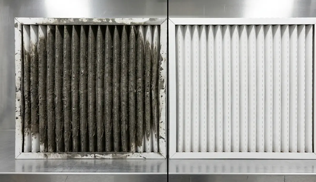 Confronto tra filtro overspray cabina verniciatura nuovo (destra) e saturo di vernice (sinistra): le pieghe intasate indicano la necessita di sostituzione immediata