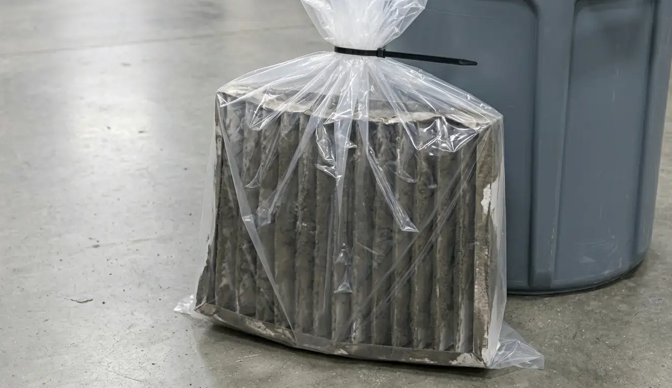 Filtro overspray cabina verniciatura esausto insaccato come rifiuto speciale per lo smaltimento corretto secondo la normativa CER 08 01 11