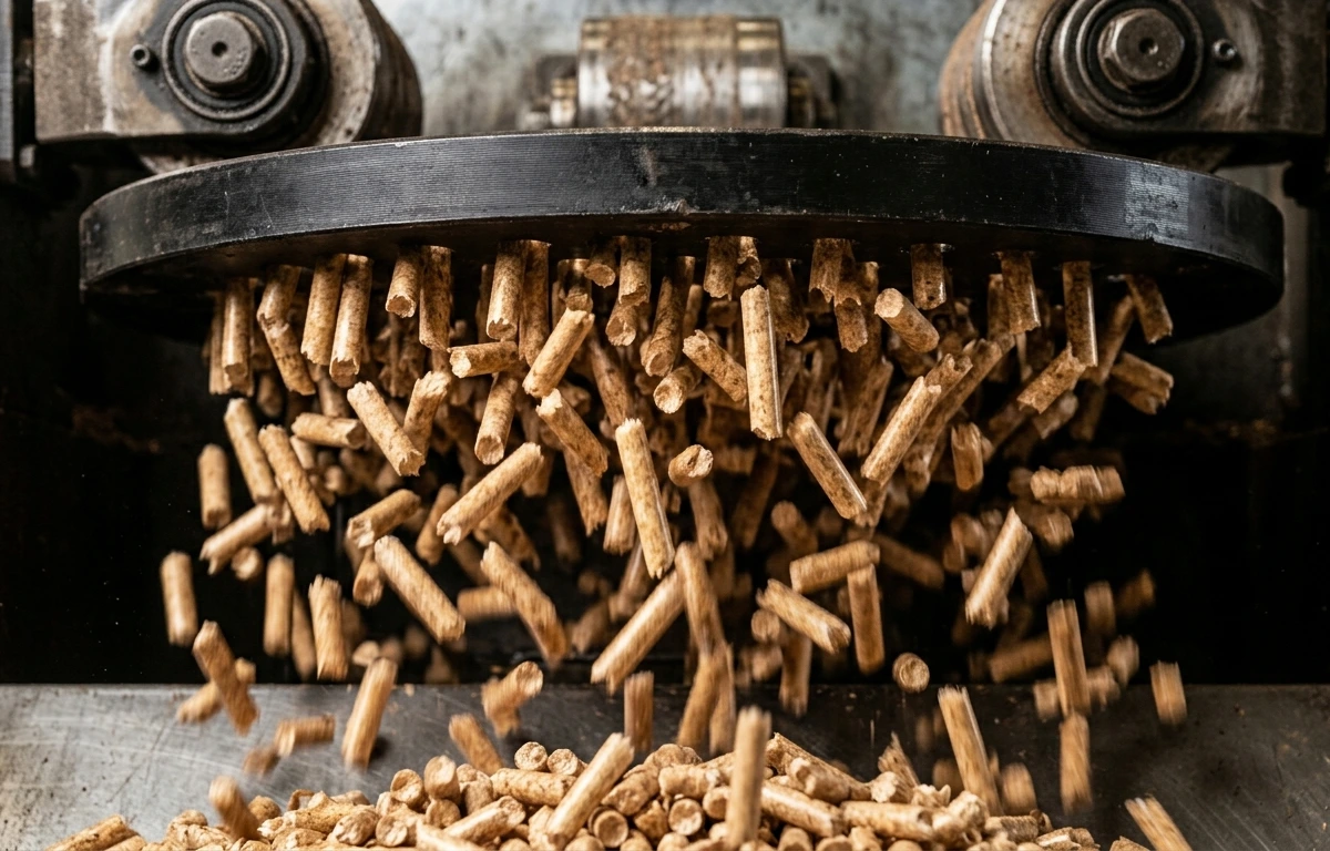 Pellet di legno appena estrusi dalla pressa di un impianto pellet industriale: cilindri uniformi da 6-8 mm conformi alla norma EN ISO 17225-2
