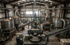 Matrice e rulli di una pressa di un impianto pellet industriale in acciaio pesante con fori di estrusione e residui di fibra di legno compressa
