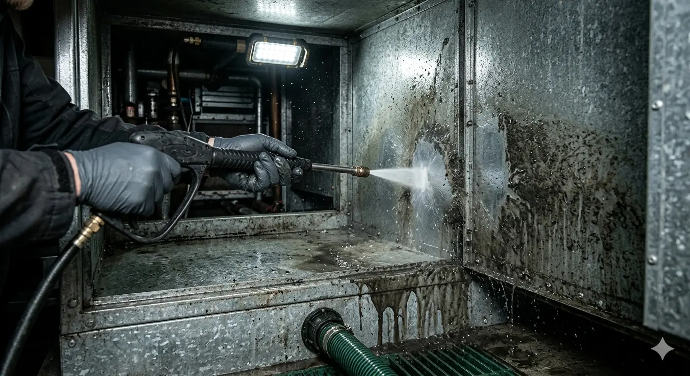 Pulizia meccanica ad alta pressione della camera di un impianto aeraulico durante un intervento di sanificazione per il controllo della Legionella negli impianti di climatizzazione