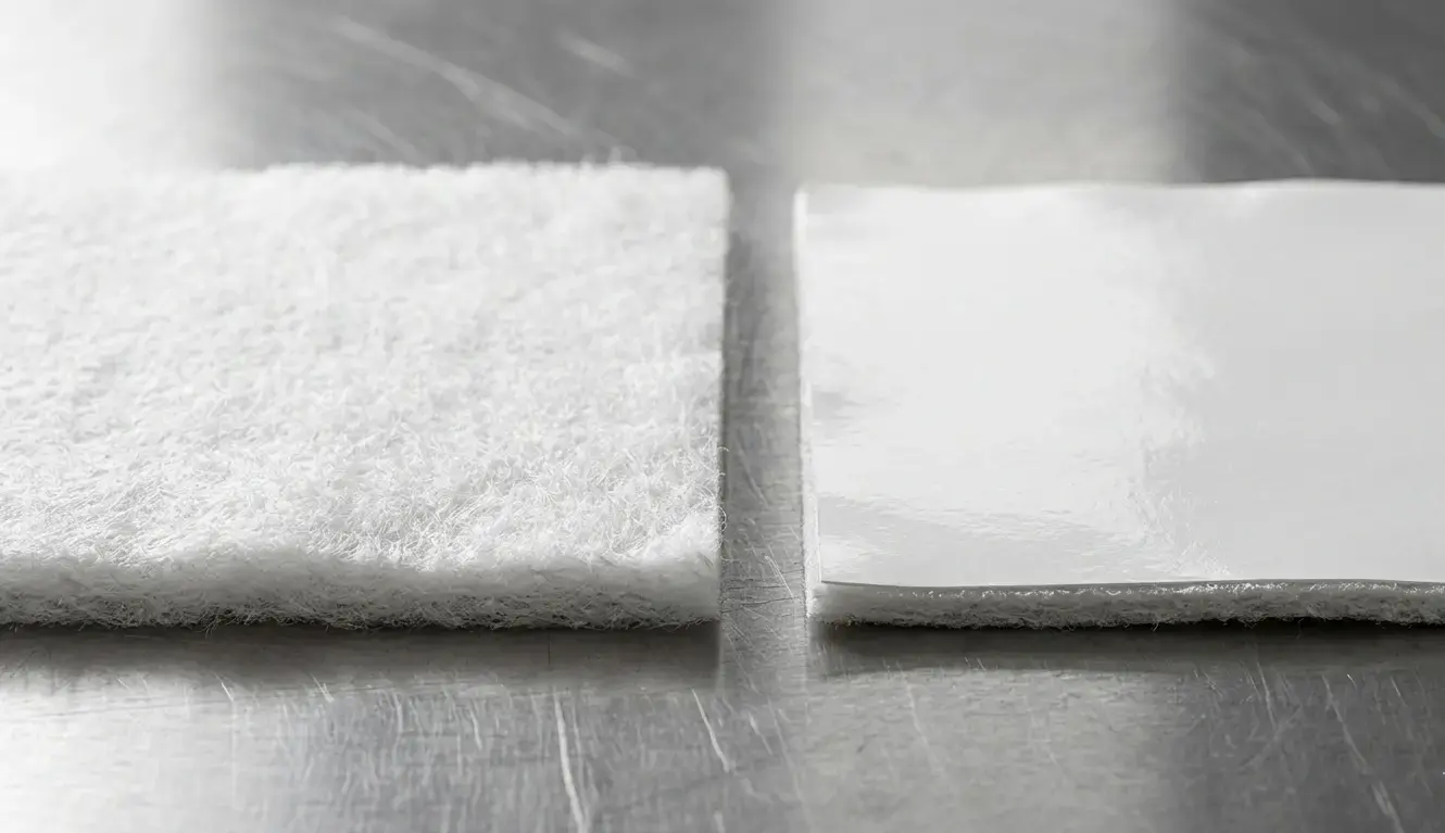 Confronto tra tessuto in feltro di poliestere standard e tessuto con membrana PTFE per manica filtrante industriale: differenza di superficie e struttura filtrante