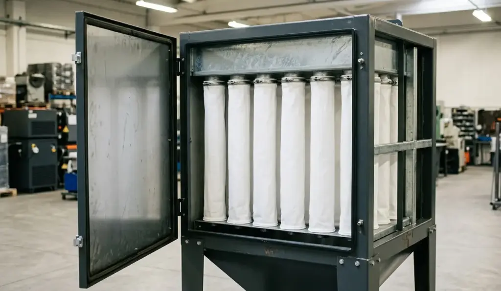 Filtro a maniche industriale aperto con maniche filtranti industriali in poliestere bianco visibili all'interno: consumabili per impianti di filtrazione polveri AIRMEC