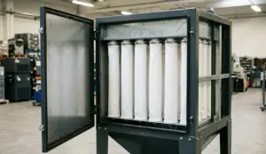Filtro a maniche industriale aperto con maniche filtranti industriali in poliestere bianco visibili all'interno: consumabili per impianti di filtrazione polveri AIRMEC