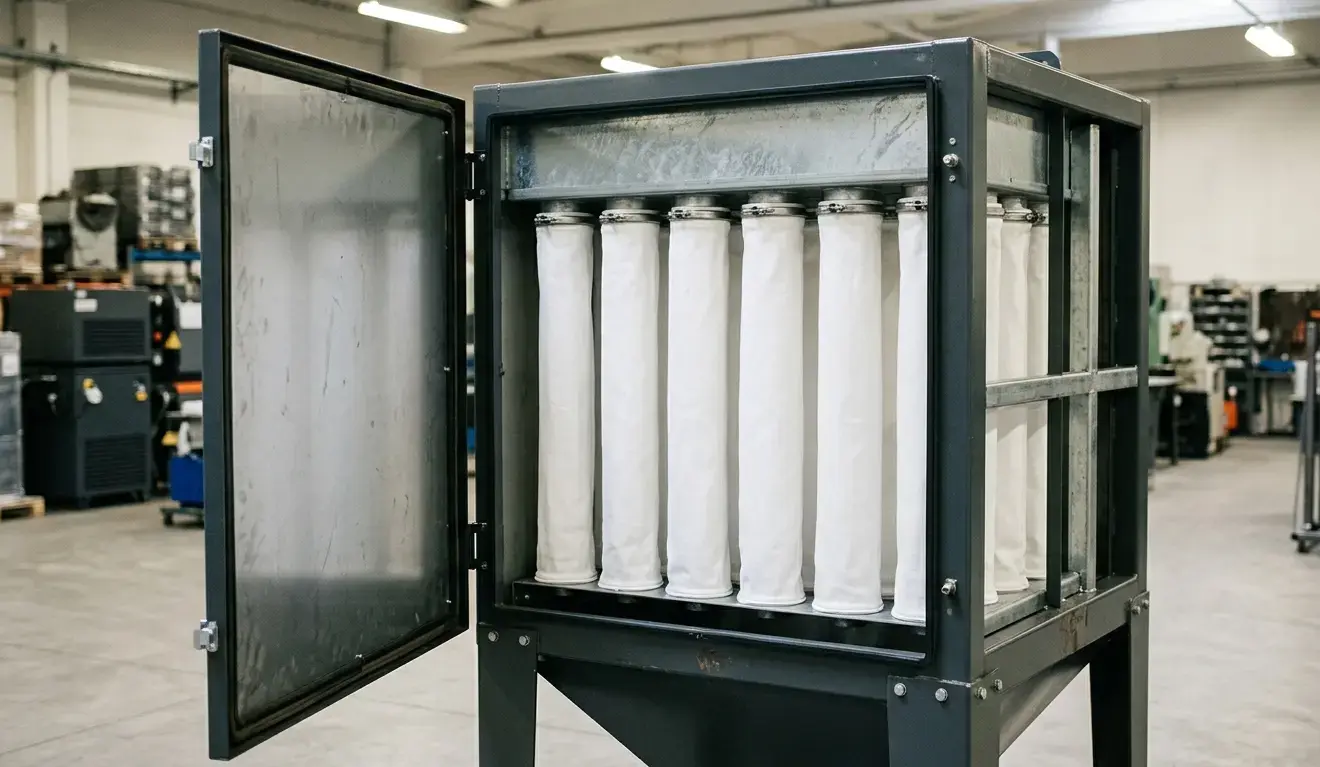 Filtro a maniche industriale aperto con maniche filtranti industriali in poliestere bianco visibili all'interno: consumabili per impianti di filtrazione polveri AIRMEC