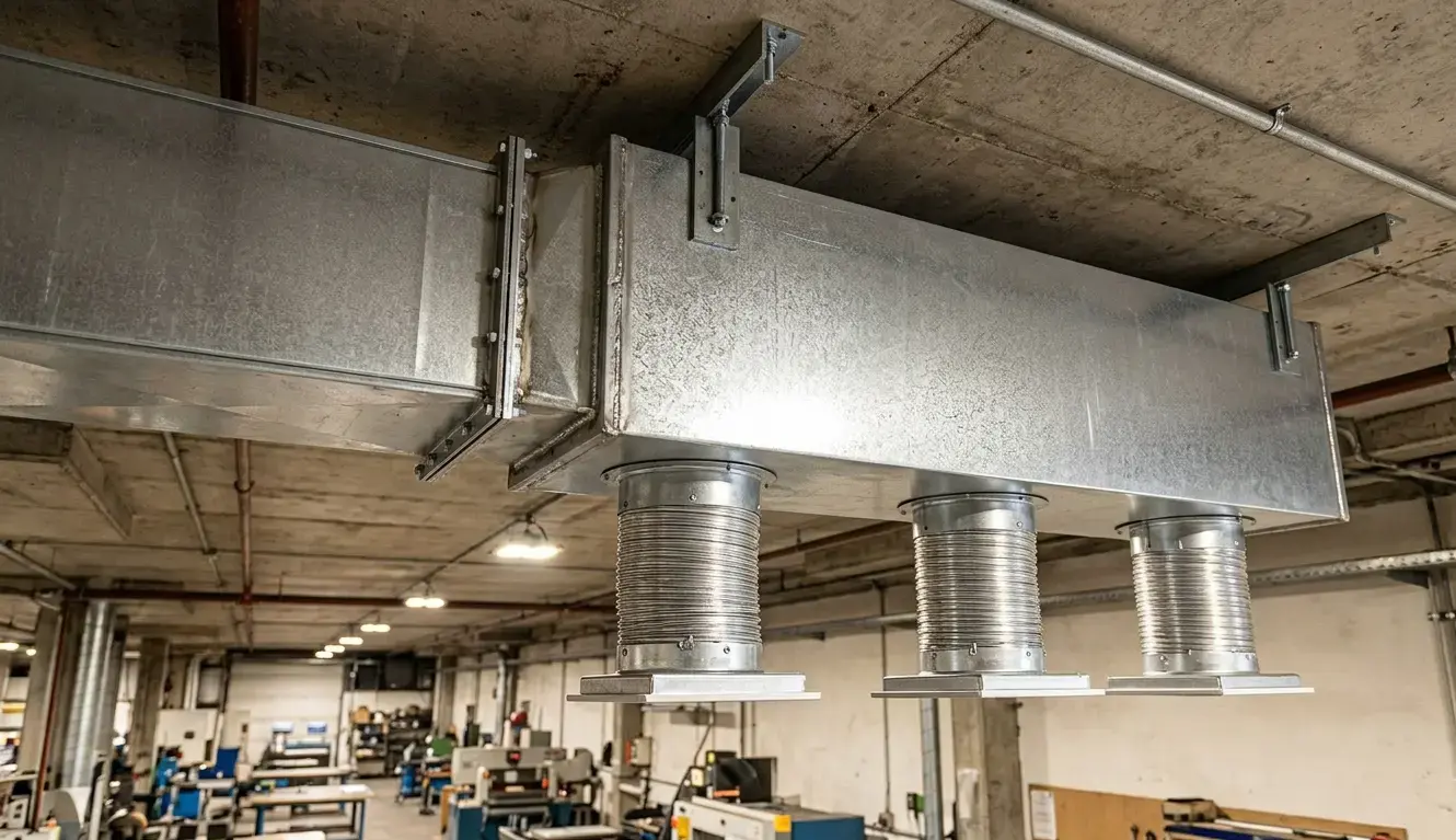 Installazione di un plenum di immissione aria sul soffitto di un capannone industriale con condotto di alimentazione flangiato e tre derivazioni flessibili verso le bocchette