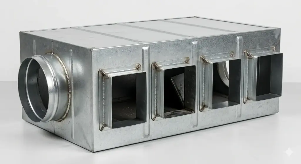 Camera di distribuzione plenum di immissione aria in lamiera zincata con quattro uscite flangiate per ventilazione industriale AIRMEC