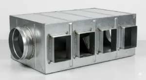 Camera di distribuzione plenum di immissione aria in lamiera zincata con quattro uscite flangiate per ventilazione industriale AIRMEC