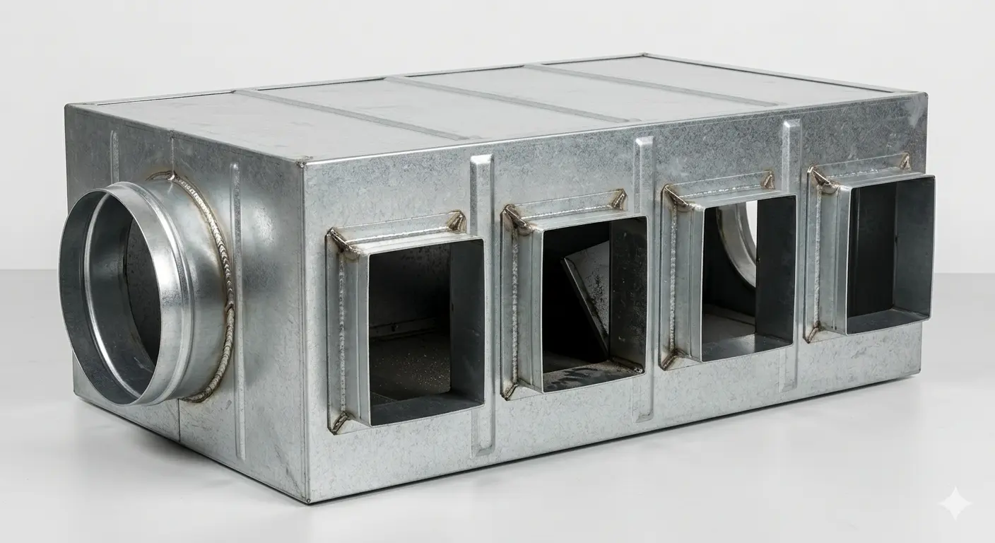 Camera di distribuzione plenum di immissione aria in lamiera zincata con quattro uscite flangiate per ventilazione industriale AIRMEC