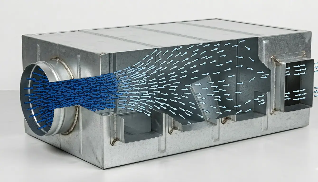 Principio di funzionamento del plenum di immissione aria: riduzione della velocita del flusso all'interno della camera per equalizzare la pressione alle uscite
