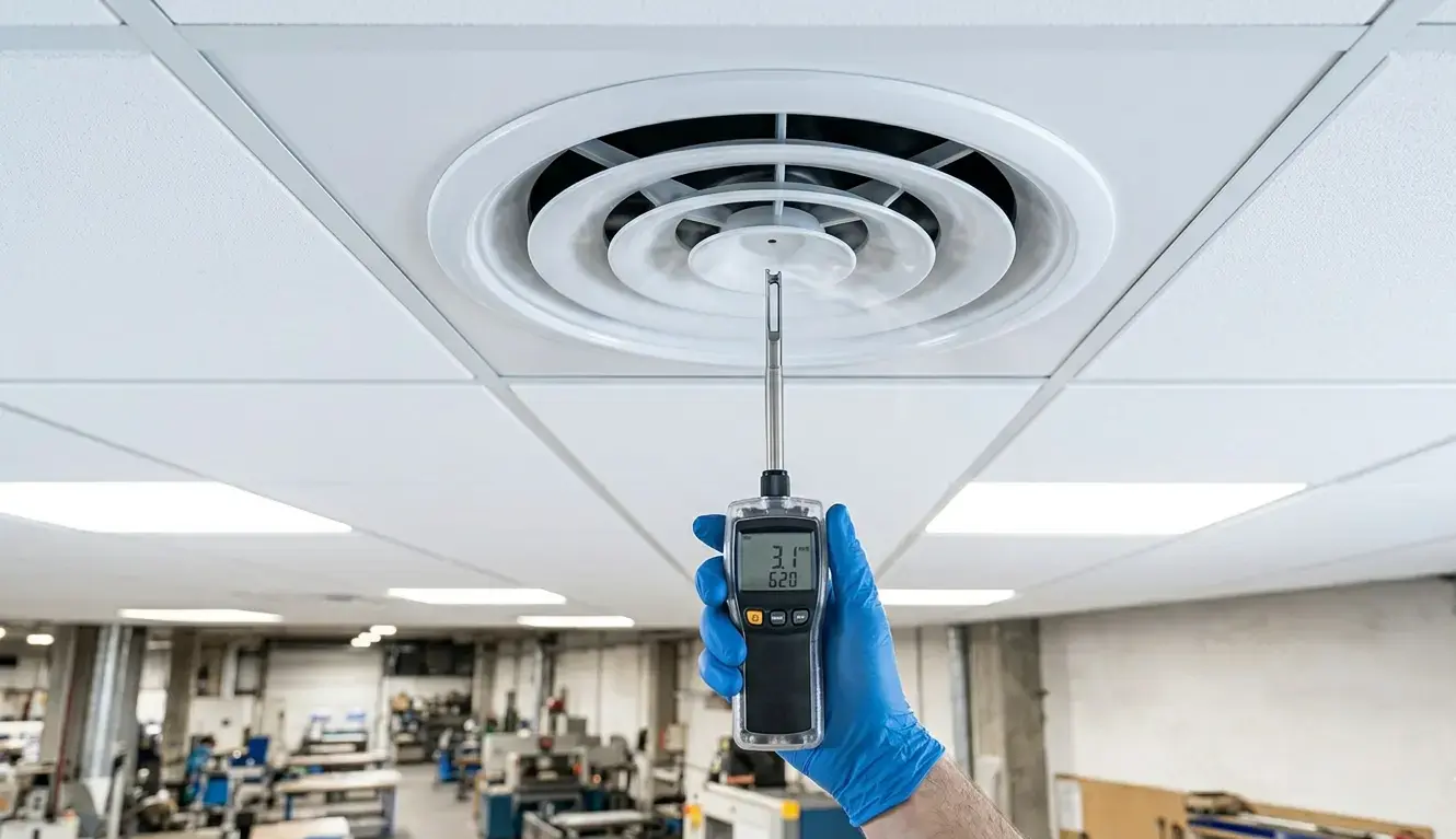 Verifica della portata d'aria in uscita da una bocchetta collegata a un plenum di immissione aria con anemometro a filo caldo durante il collaudo dell'impianto HVAC