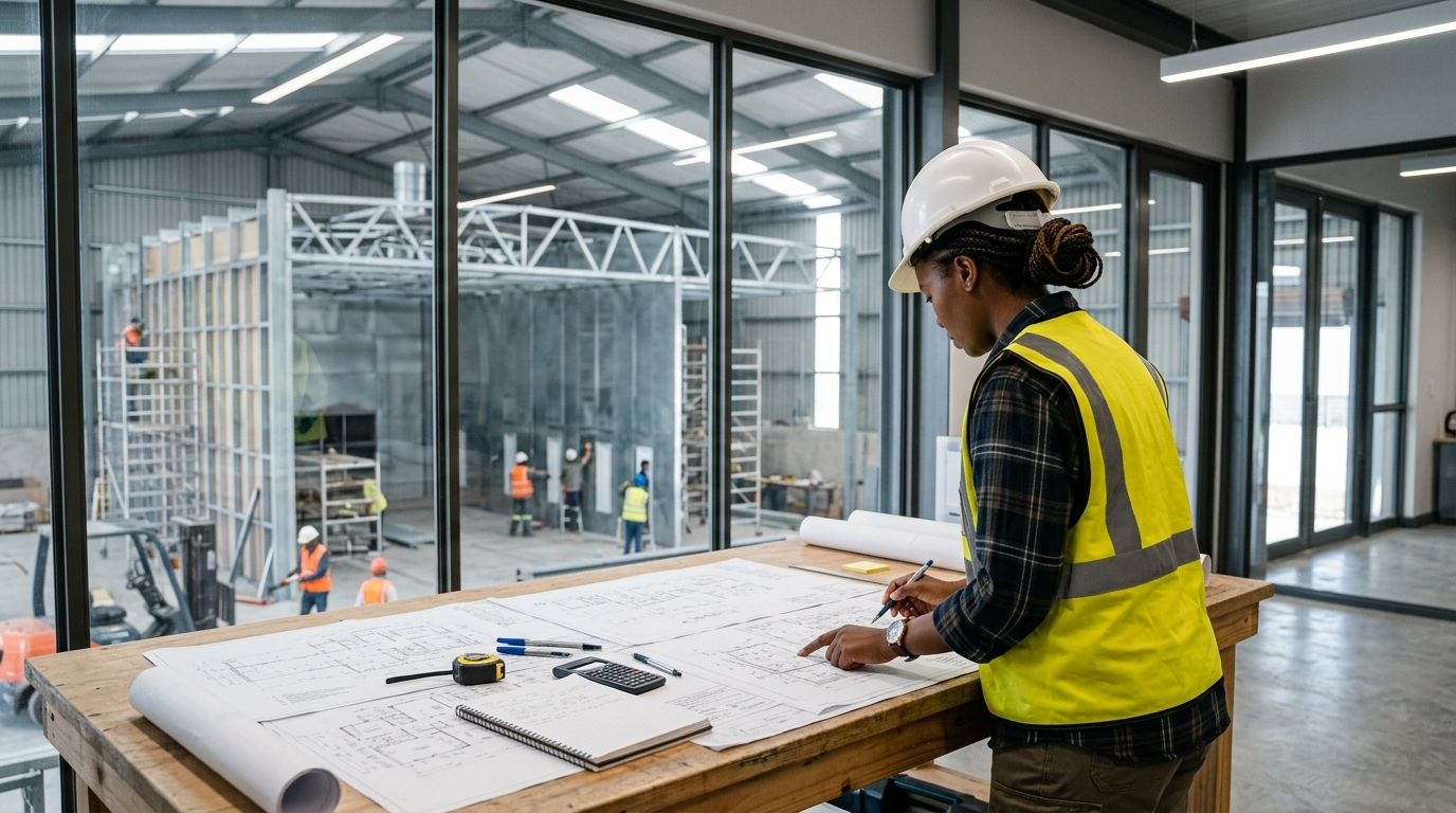 Ingegnera esamina progetto impianto di verniciatura industriale durante fase di installazione in stabilimento