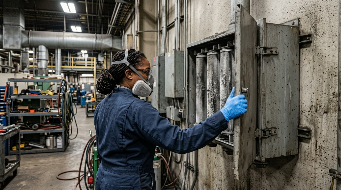 Tecnica apre pannello filtro a cartucce con depositi di polveri metalliche in impianto aspirazione industriale