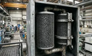 Cartucce cilindriche di filtri a carboni attivi in un'unità di depurazione dell'aria industriale
