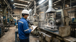 Ingegnere della sicurezza ispeziona impianto aspirazione polveri metalliche in reparto smerigliatura industriale