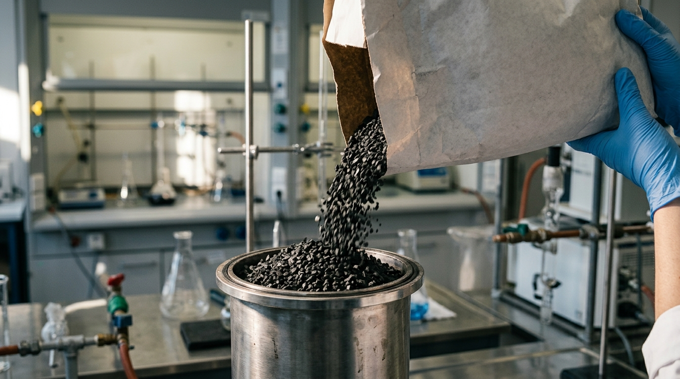 Tecnica carica granuli carbone attivo nel filtro a carboni attivi per solventi in impianto verniciatura industriale