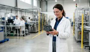 Igienista industriale AIRMEC misura parametri qualità aria ambienti di lavoro con monitor portatile CO₂ e temperatura in stabilimento produttivo moderno