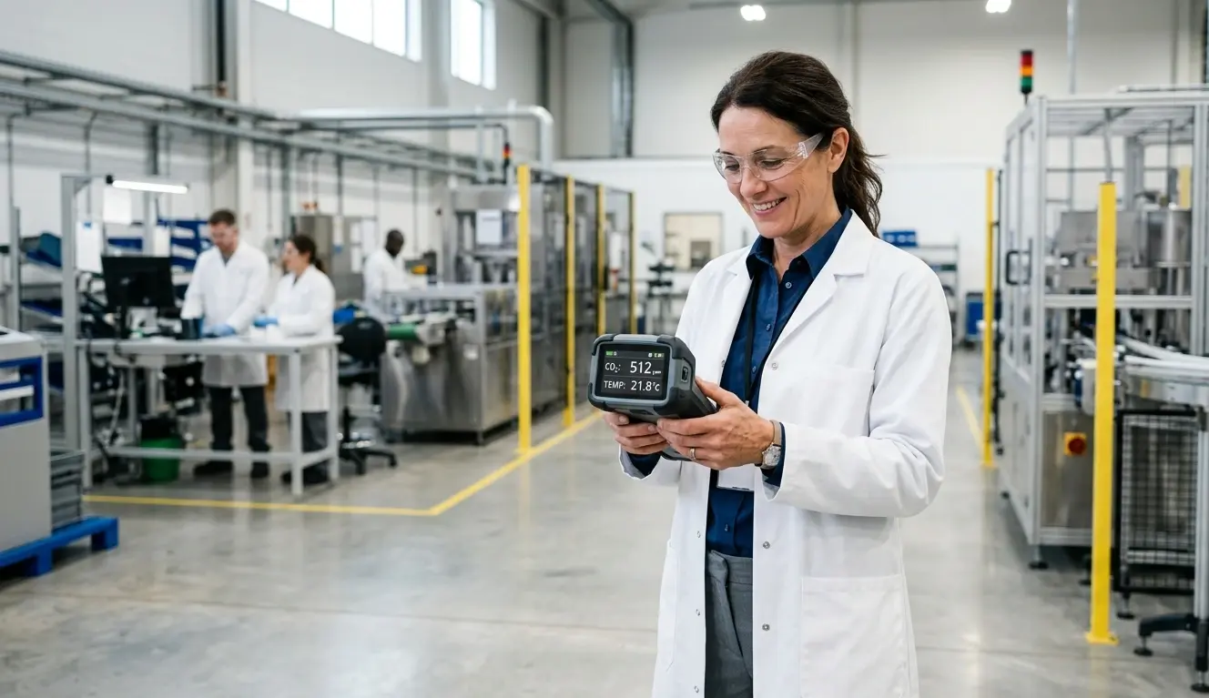 Igienista industriale AIRMEC misura parametri qualità aria ambienti di lavoro con monitor portatile CO₂ e temperatura in stabilimento produttivo moderno