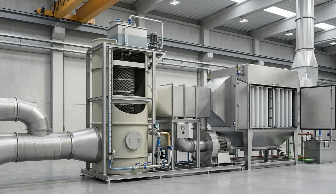 Impianto di abbattimento con scrubber e filtri per rientrare nei limiti di emissione in atmosfera