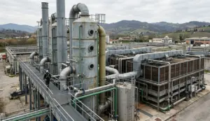 Impianto di abbattimento odori industriali con scrubber ad umido e biofiltro in stabilimento