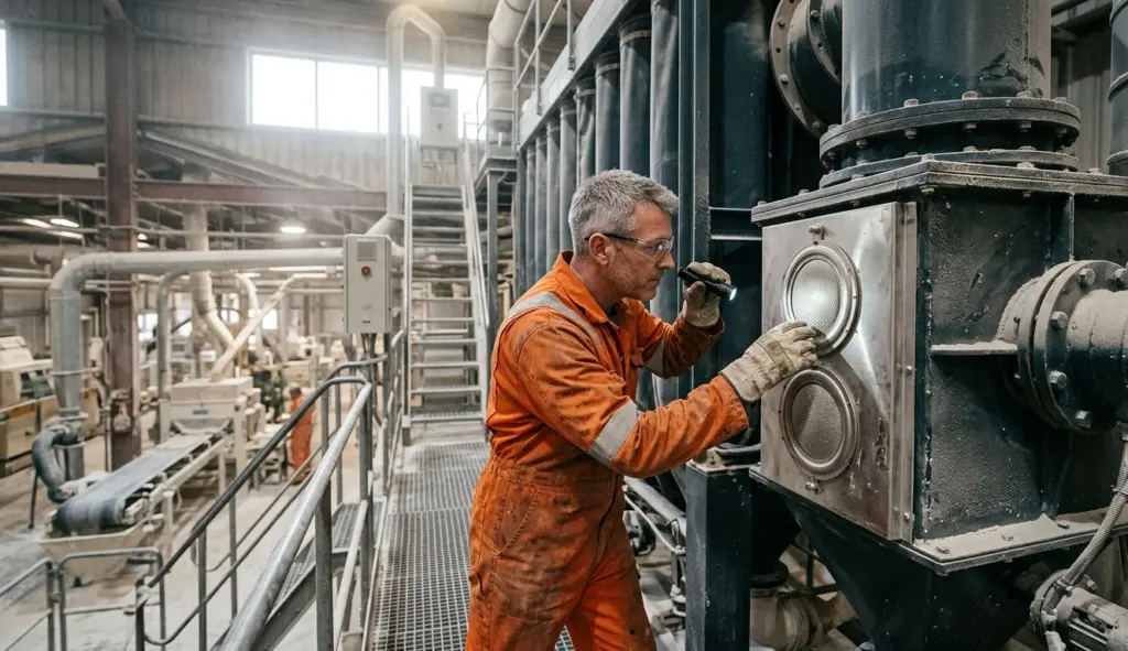 Ingegnere AIRMEC ispeziona dischi di scoppio antideflagranti su filtro a maniche per polveri esplosive di farina in mulino industriale con polvere in sospensione