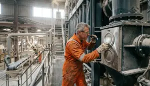 Ingegnere AIRMEC ispeziona dischi di scoppio antideflagranti su filtro a maniche per polveri esplosive di farina in mulino industriale con polvere in sospensione