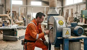 Ingegnere AIRMEC ispeziona impianto aspirazione antideflagrante certificato ATEX in falegnameria industriale con polveri di legno visibili nell'aria