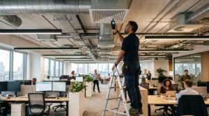 Tecnico misura qualità aria con sensore per individuare sindrome dell'edificio malato in ufficio