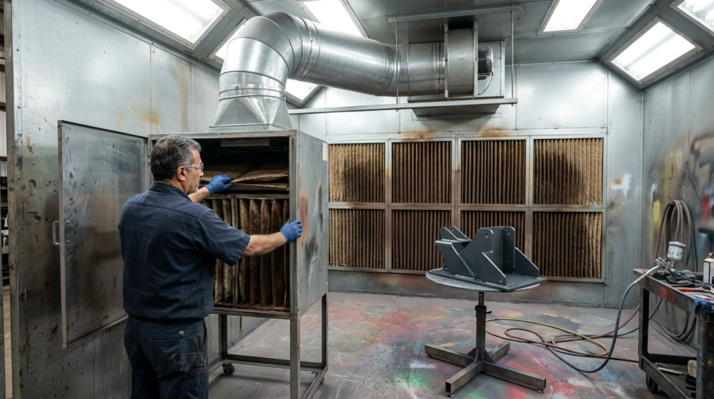 Tecnico apre pannello accesso cabina verniciatura durante manutenzione cabina verniciatura programmata