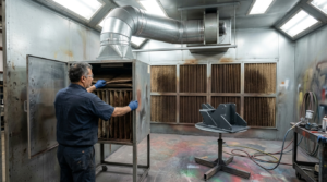 Tecnico apre pannello accesso cabina verniciatura durante manutenzione cabina verniciatura programmata