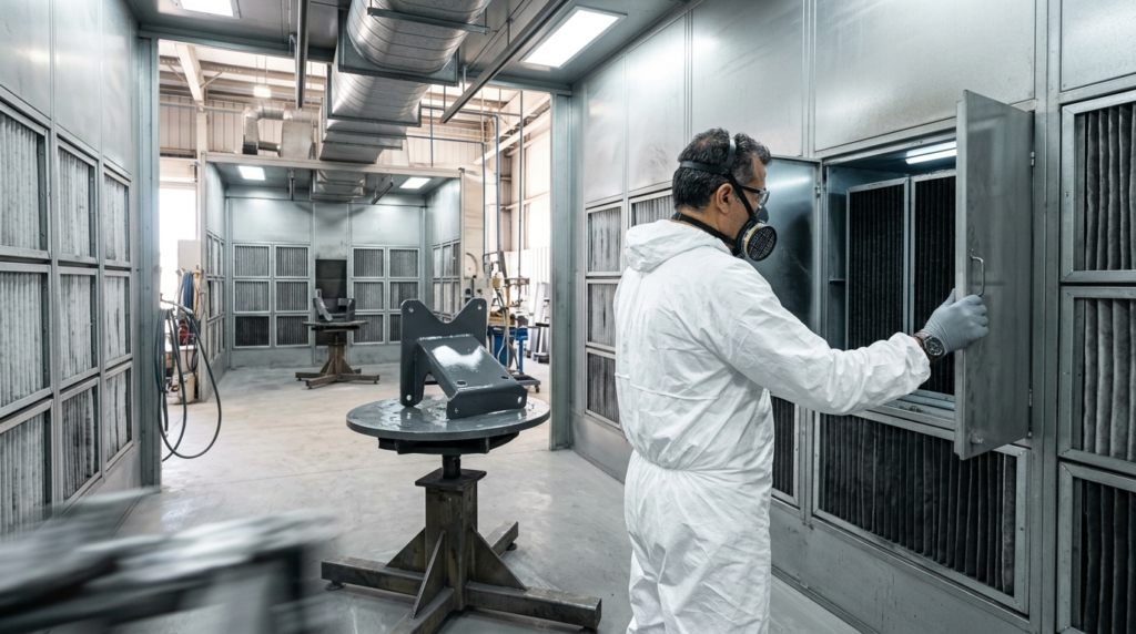 Tecnico apre pannello carbone attivo in cabina verniciatura industriale per ispezione filtro a carboni attivi per solventi
