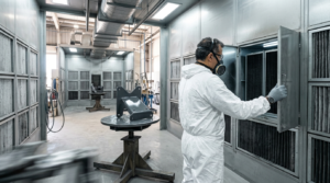 Tecnico apre pannello carbone attivo in cabina verniciatura industriale per ispezione filtro a carboni attivi per solventi