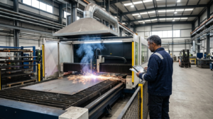 Sistema aspirazione fumi taglio laser attivo su macchina laser fibra in reparto metalmeccanico industriale