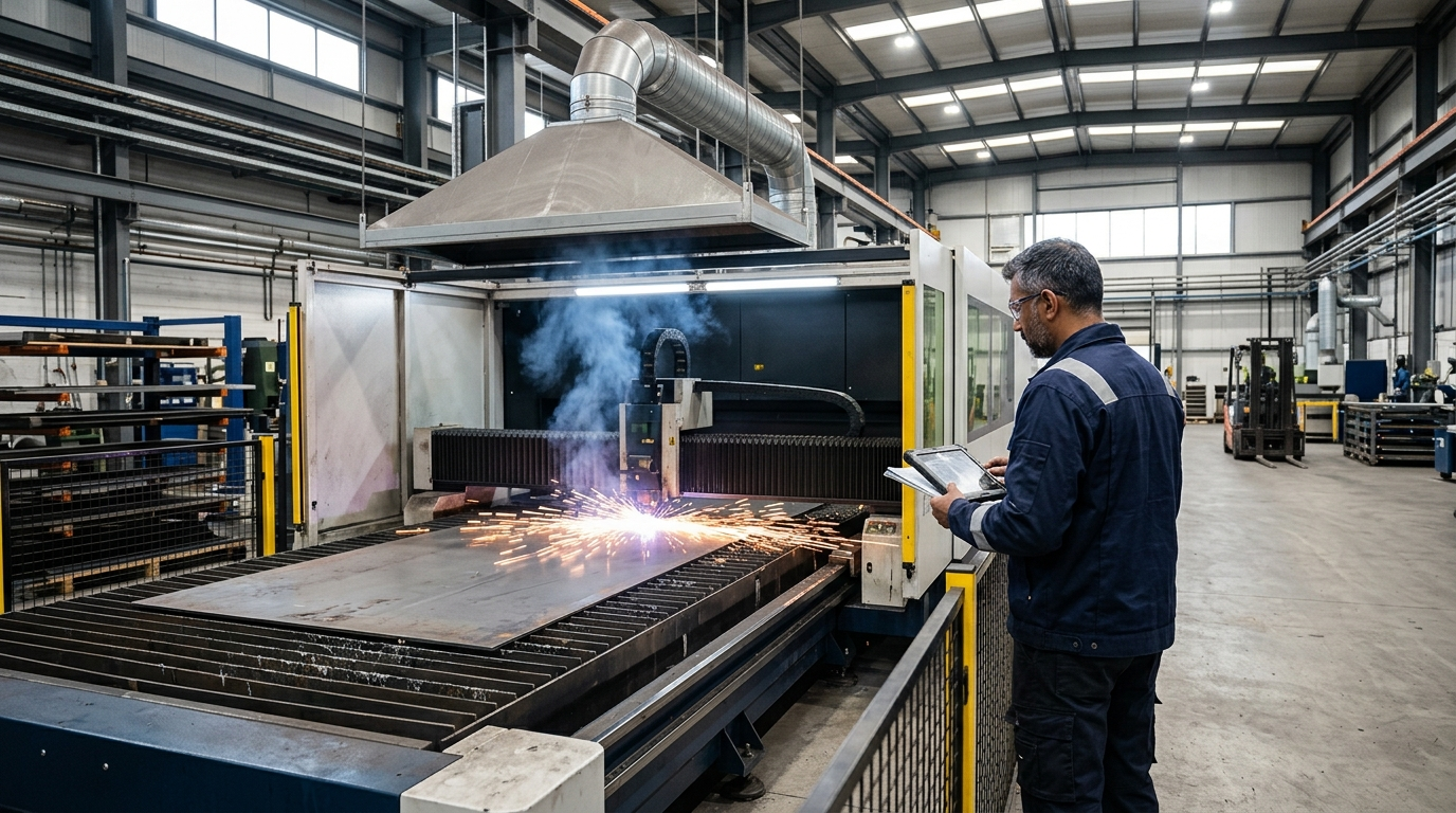 Sistema aspirazione fumi taglio laser attivo su macchina laser fibra in reparto metalmeccanico industriale
