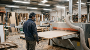 Responsabile officina osserva carteggiatura legno polveri da levigatrice MDF in reparto produzione pannelli