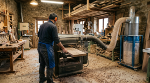 Falegname guida tavola in pialla con aspiratore trucioli legno in funzione in falegnameria artigianale