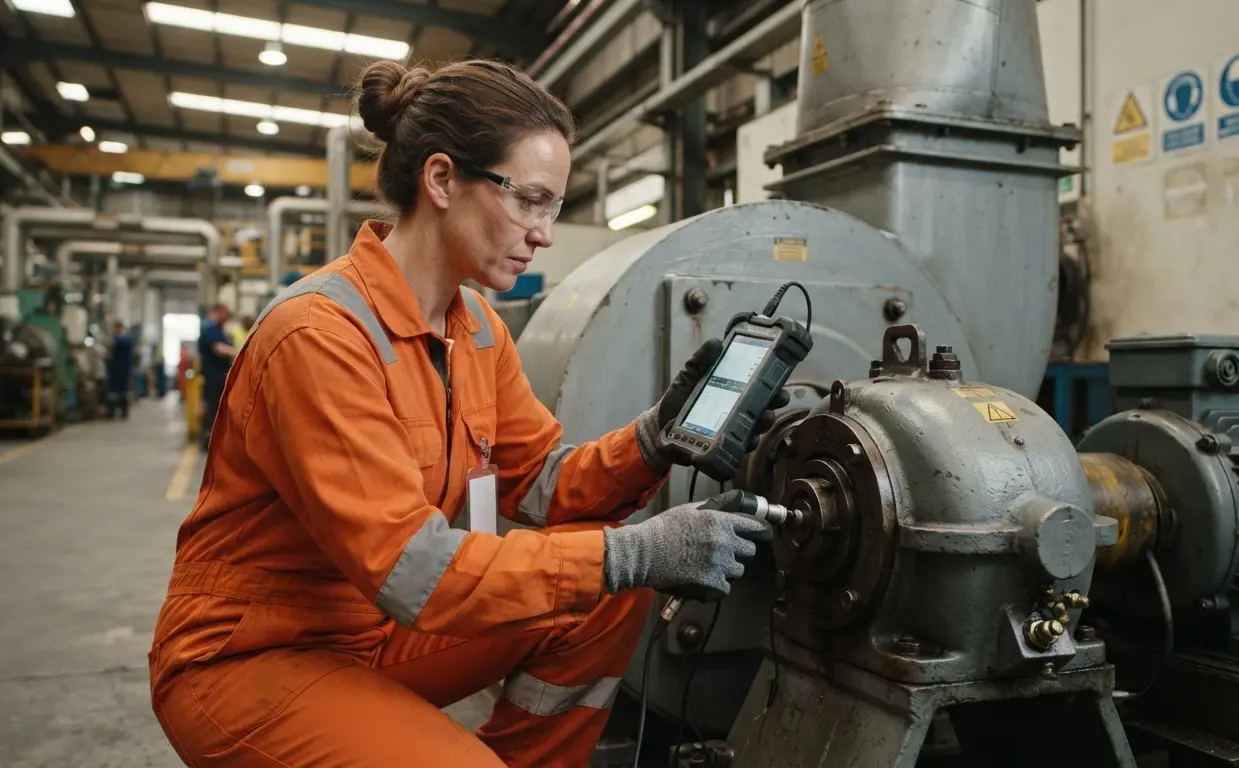 Tecnica esegue analisi vibrazioni su ventilatore centrifugo industriale durante manutenzione programmata