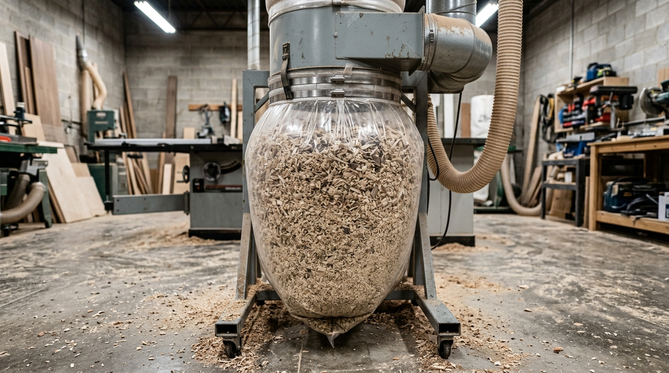 Sacco PVC pieno di trucioli su aspiratore trucioli legno industriale in falegnameria a produzione media