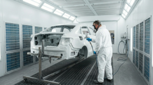 Impianto di verniciatura industriale a cabina pressurizzata con verniciatore automotive in tuta protettiva