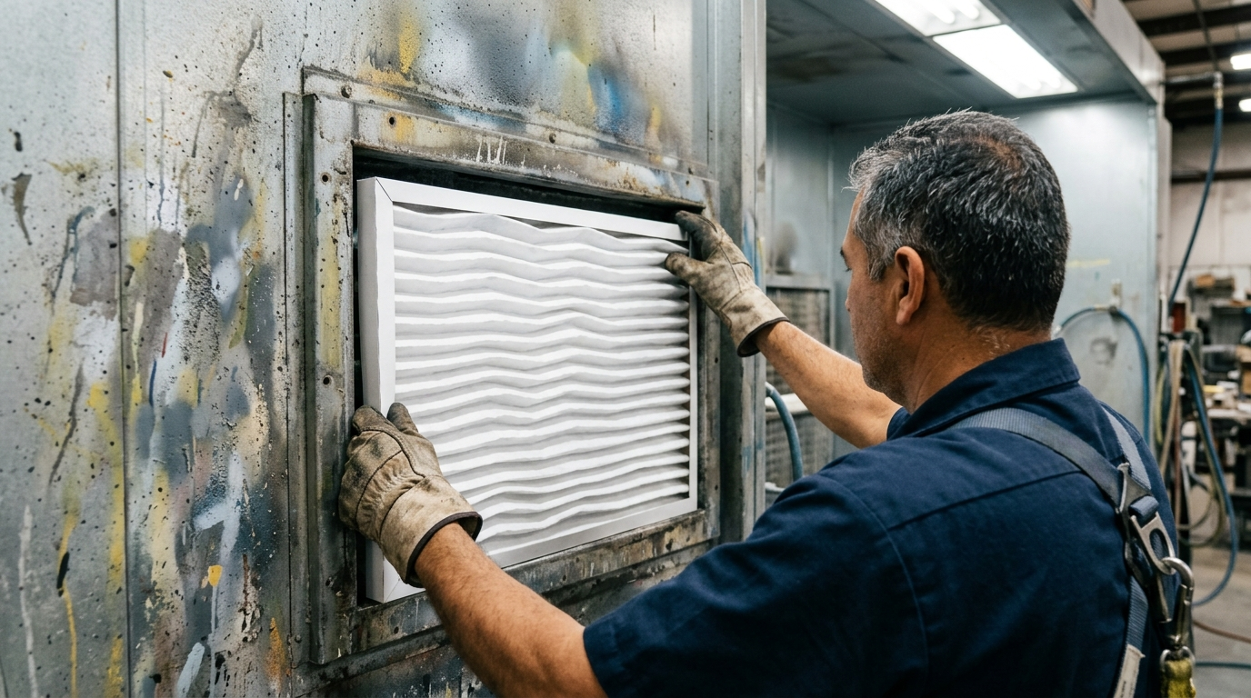 Tecnico installa filtro Andreae in cabina verniciatura industriale a secco per abbattimento overspray solventi