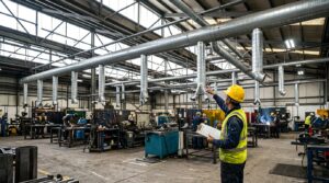 Ingegnere esamina rete di tubo aspirazione industriale in acciaio zincato in reparto metalmeccanico centralizzato