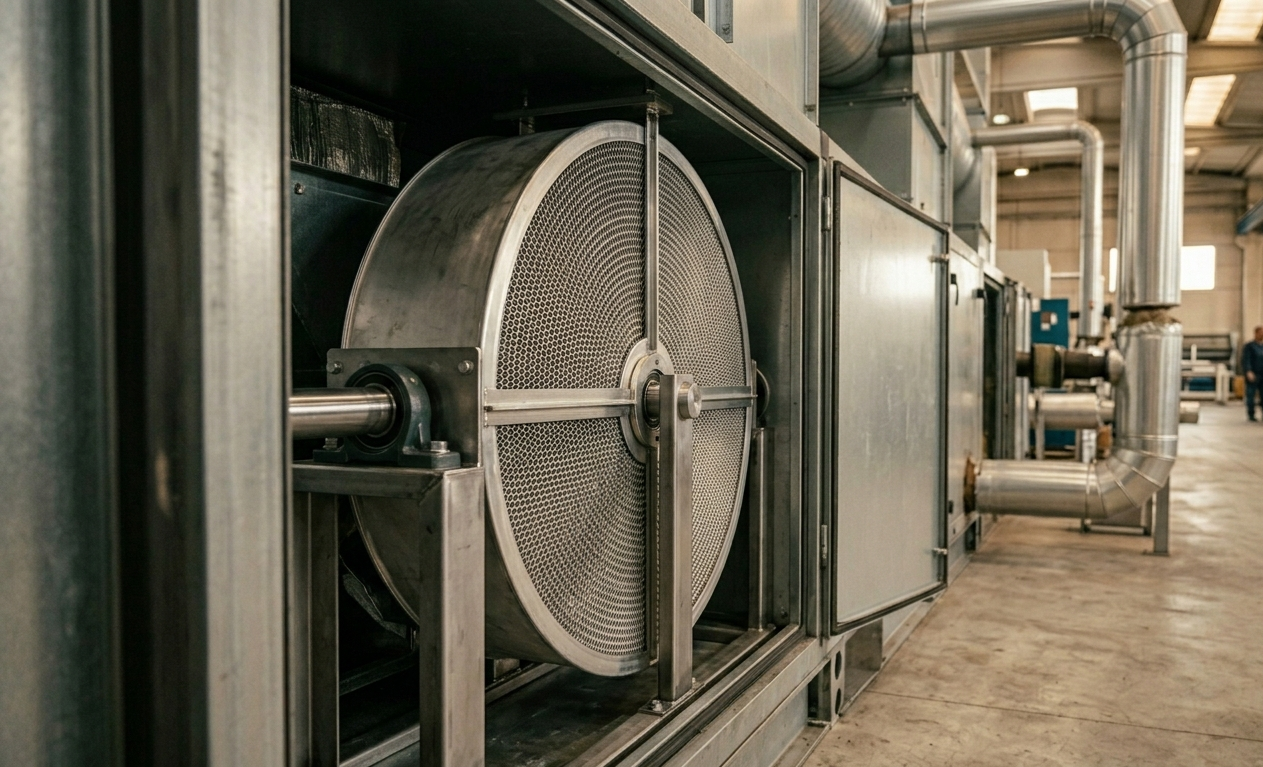 Recuperatore rotativo entalpico in unità di ventilazione industriale per recupero di calore e umidità