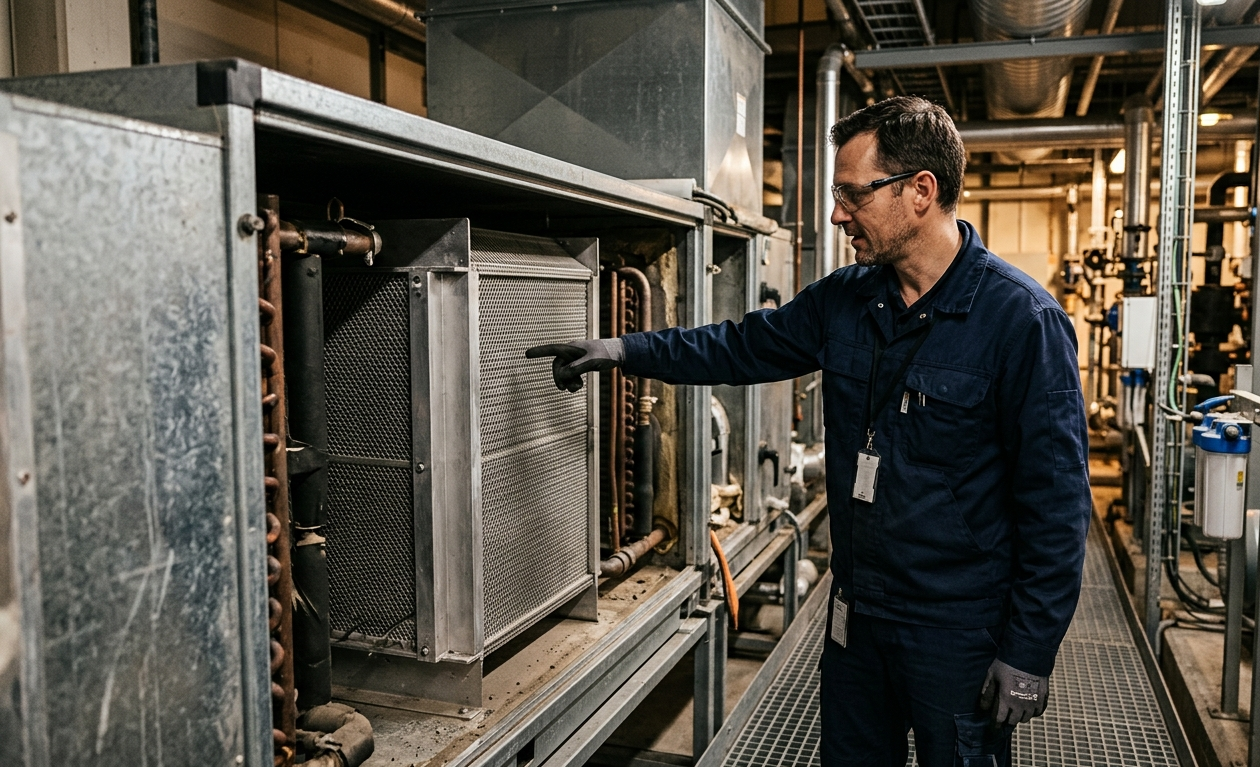 Schema reale di recuperatore di calore a piastre a flussi incrociati in sala impianti industriale