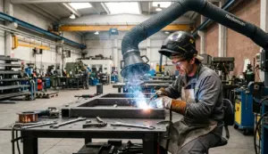 Saldatore in officina con braccio aspirante che capta i fumi di saldatura alla fonte a norma