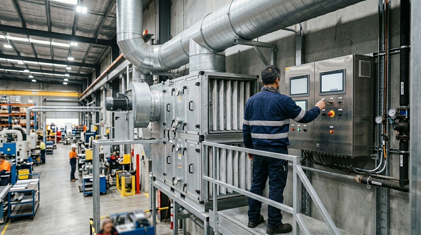 Impianto aspirazione industriale certificato per sicurezza impianti industriali con pannello controllo