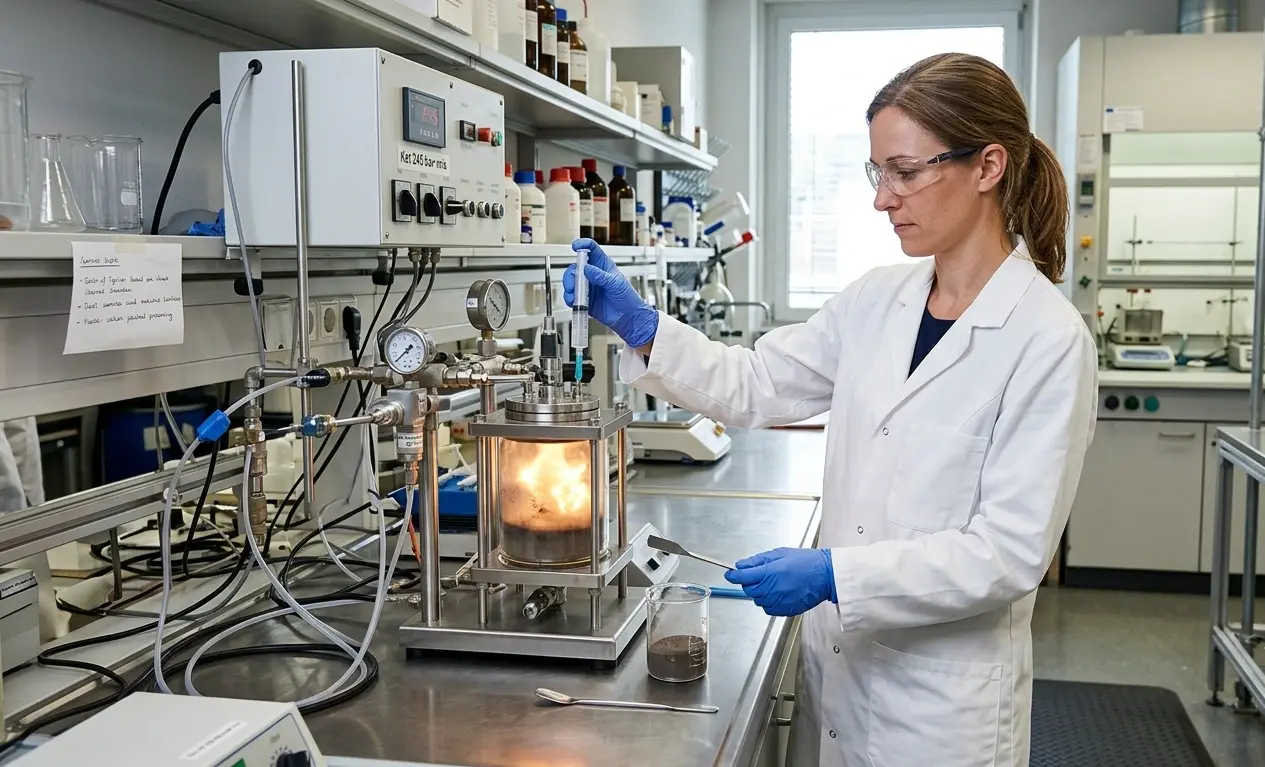 Tecnica di laboratorio esegue test esplosività polvere per determinare costante Kst e classificazione St su campione polvere industriale in laboratorio accreditato