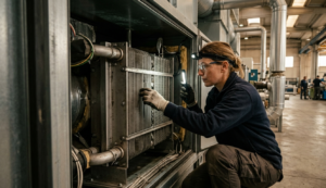 Tecnico AIRMEC ispeziona un recuperatore di calore industriale a flussi controcorrente dentro un'UTA