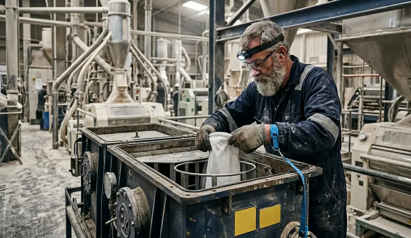 Tecnico AIRMEC sostituisce manica antistatica in depolveratore antideflagrante certificato ATEX zona 21 in mulino industriale per farine combustibili