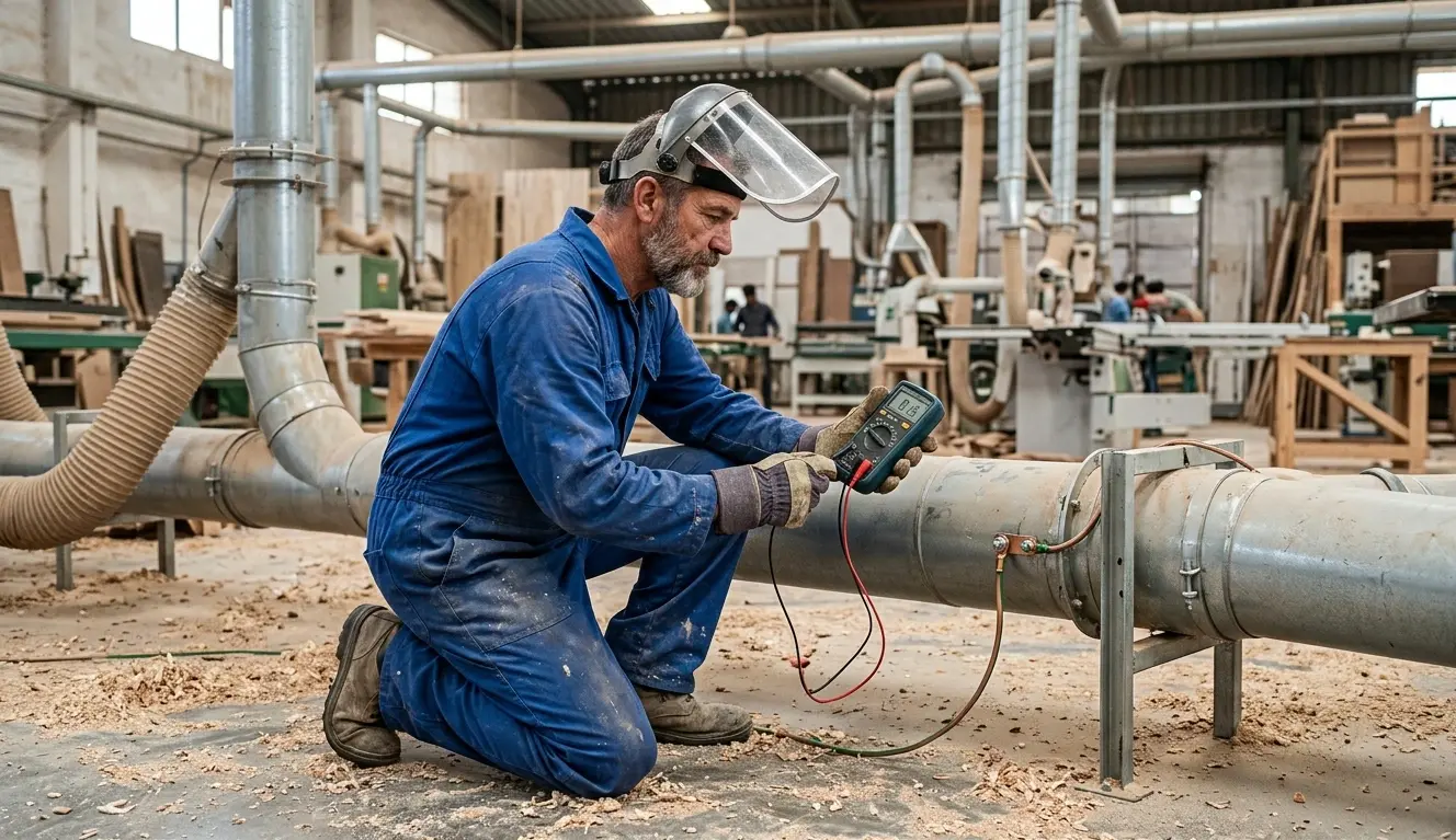 Tecnico AIRMEC verifica connessioni di messa a terra antistatica su rete condotte aspirazione polveri ATEX in grande falegnameria industriale con trucioli a terra